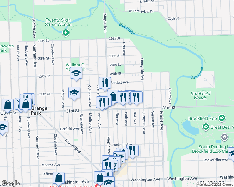 map of restaurants, bars, coffee shops, grocery stores, and more near 9119 30th Street in Brookfield