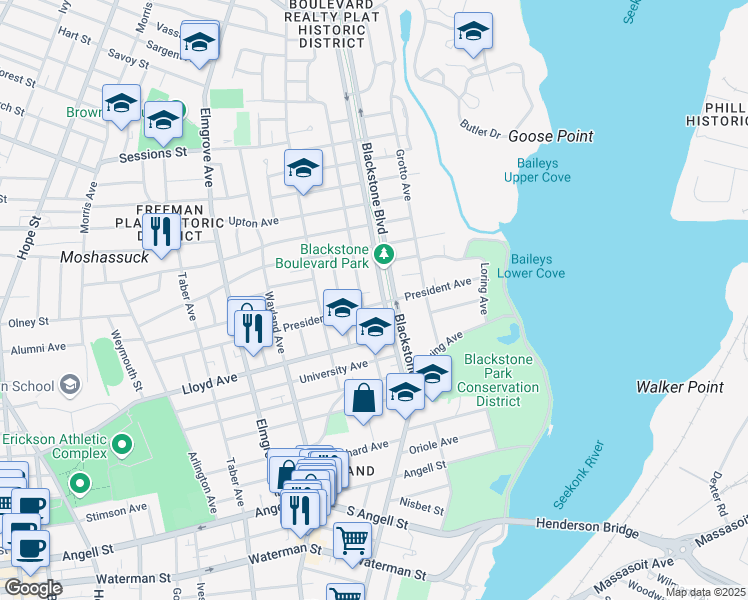map of restaurants, bars, coffee shops, grocery stores, and more near 242 President Avenue in Providence