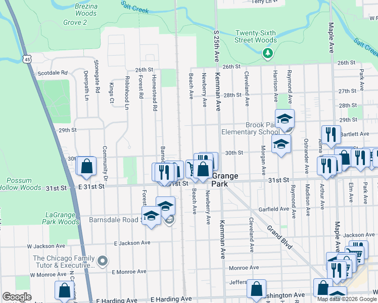 map of restaurants, bars, coffee shops, grocery stores, and more near 1200 Beach Avenue in La Grange Park