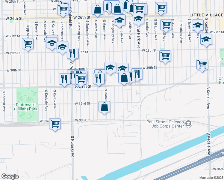 map of restaurants, bars, coffee shops, grocery stores, and more near 3112 South Ridgeway Avenue in Chicago