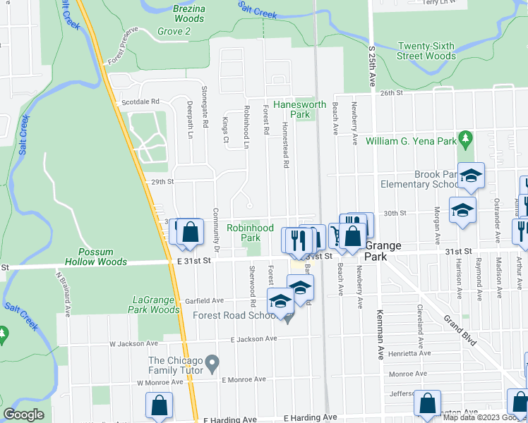 map of restaurants, bars, coffee shops, grocery stores, and more near 1206 Forest Road in La Grange Park
