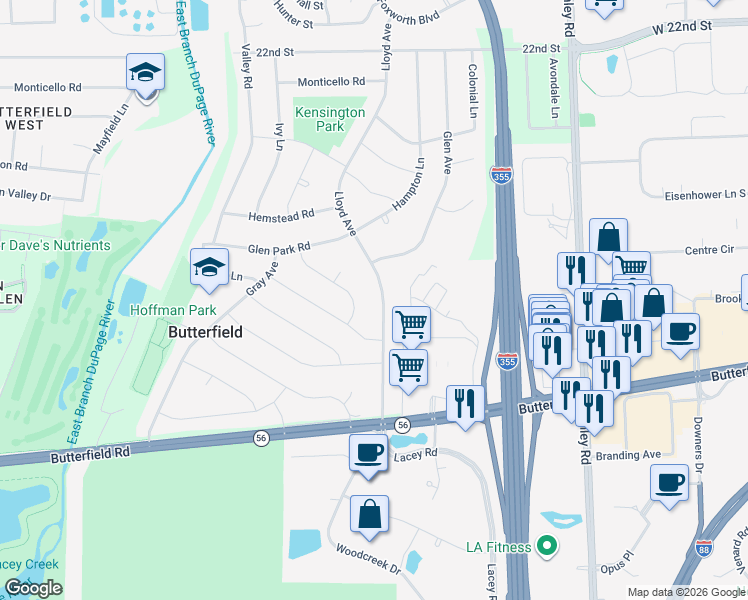 map of restaurants, bars, coffee shops, grocery stores, and more near 2S458 Lloyd Avenue in Lombard