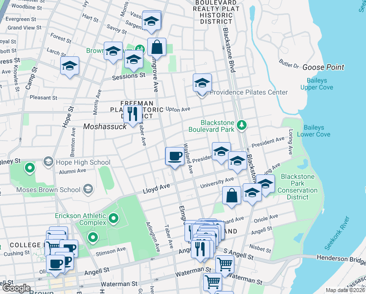 map of restaurants, bars, coffee shops, grocery stores, and more near 146 Everett Avenue in Providence