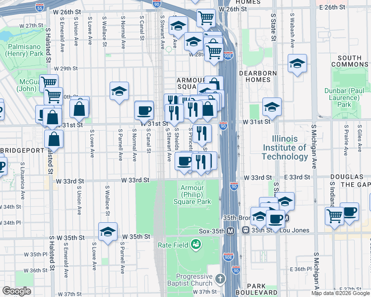 map of restaurants, bars, coffee shops, grocery stores, and more near 308 West 32nd Street in Chicago