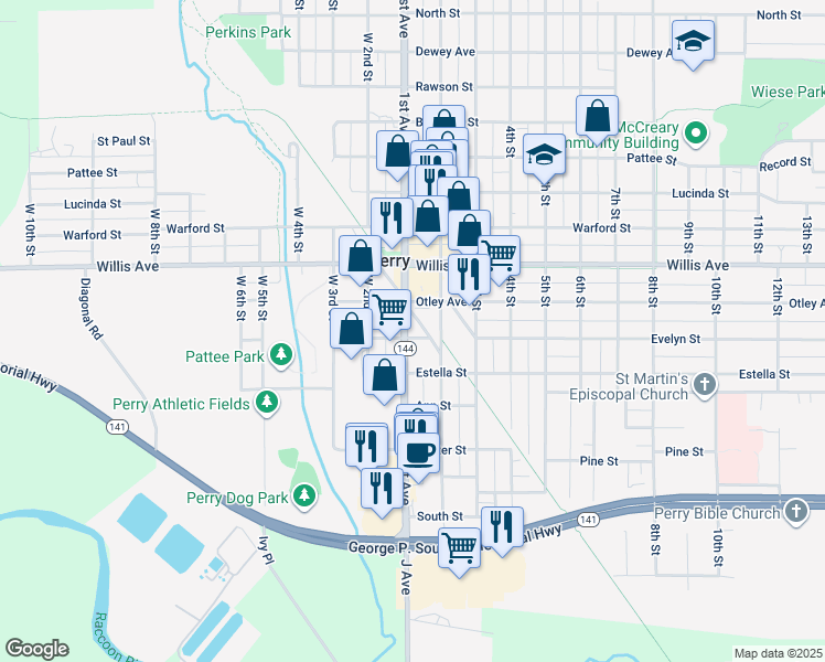 map of restaurants, bars, coffee shops, grocery stores, and more near 901 1st Avenue in Perry