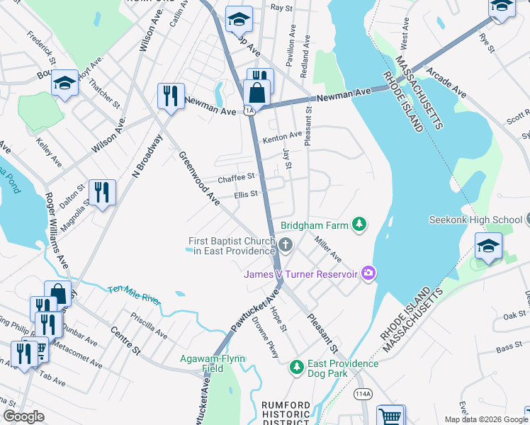 map of restaurants, bars, coffee shops, grocery stores, and more near 1347 Pawtucket Ave in East Providence