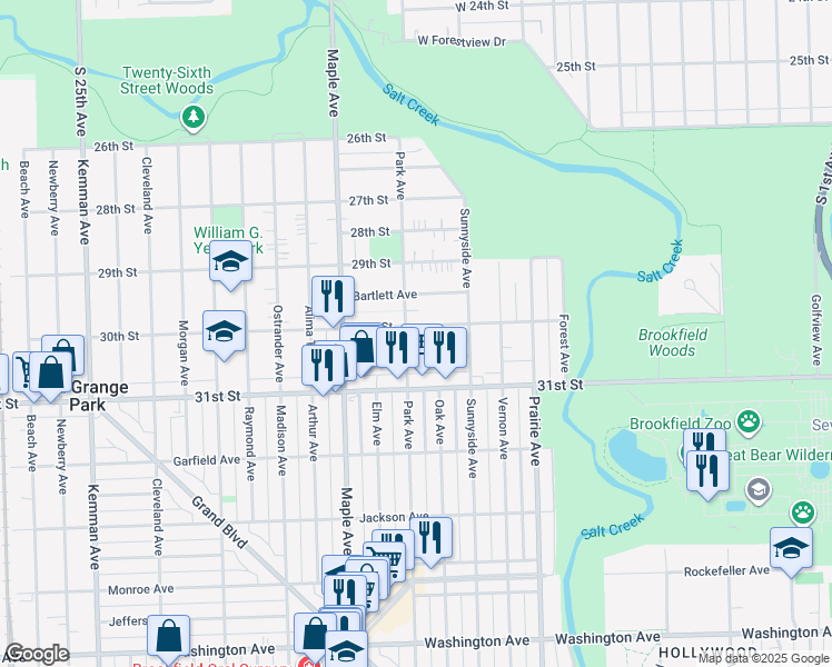 map of restaurants, bars, coffee shops, grocery stores, and more near 9041 30th Street in Brookfield