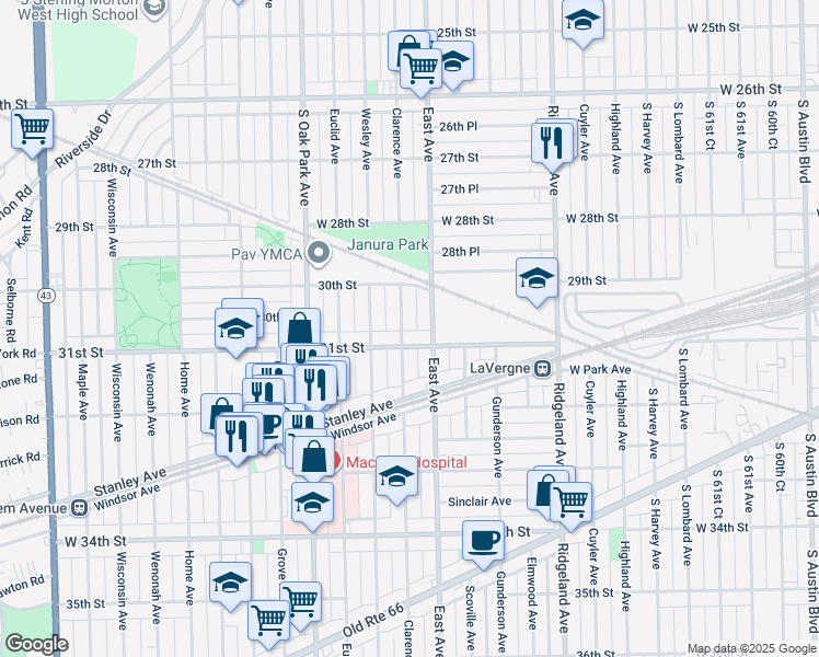 map of restaurants, bars, coffee shops, grocery stores, and more near 3037 Clarence Avenue in Berwyn