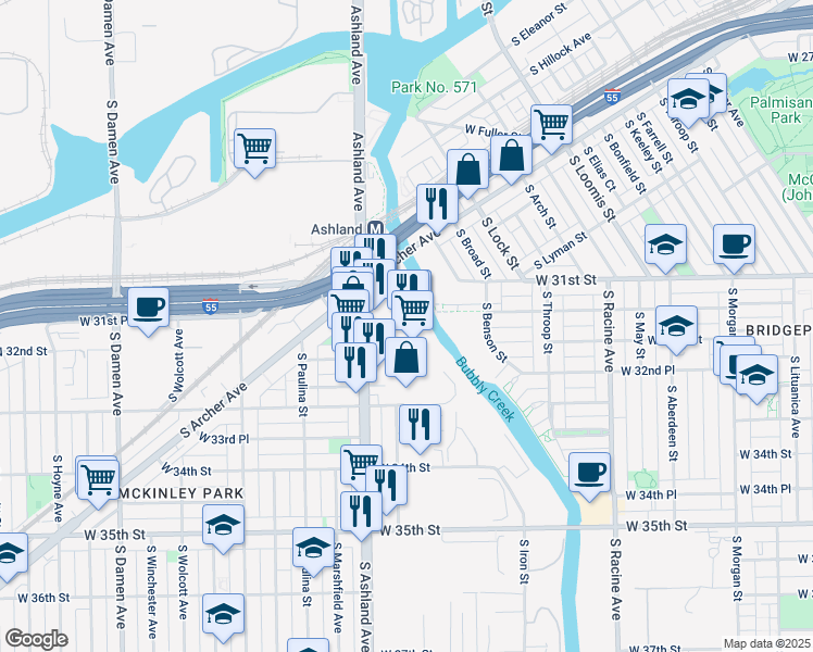 map of restaurants, bars, coffee shops, grocery stores, and more near 3145 South Ashland Avenue in Chicago