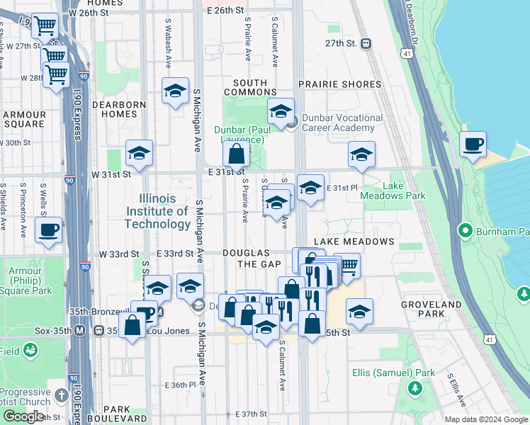 map of restaurants, bars, coffee shops, grocery stores, and more near 3201 South Giles Avenue in Chicago