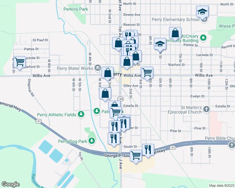 map of restaurants, bars, coffee shops, grocery stores, and more near 901 1st Avenue in Perry