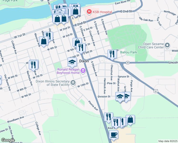 map of restaurants, bars, coffee shops, grocery stores, and more near 816 South Galena Avenue in Dixon