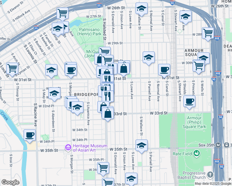 map of restaurants, bars, coffee shops, grocery stores, and more near 3151 South Emerald Avenue in Chicago