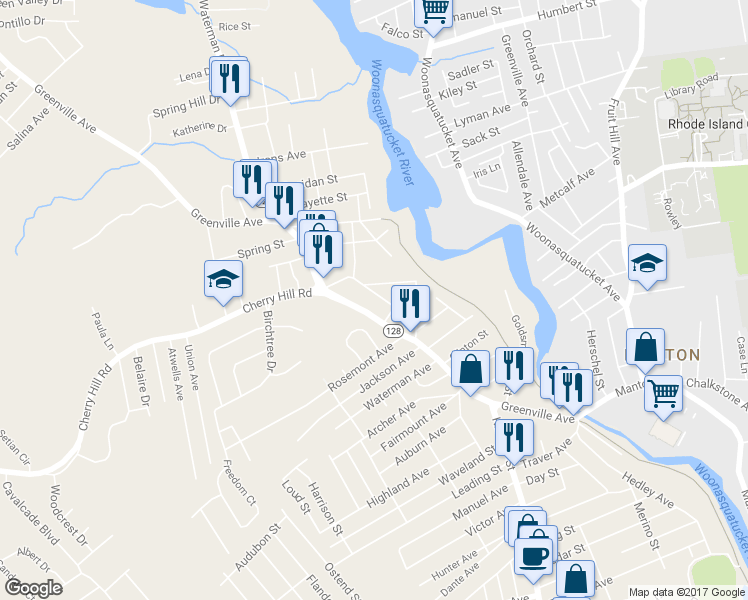 map of restaurants, bars, coffee shops, grocery stores, and more near 27 Kelley Avenue in Johnston