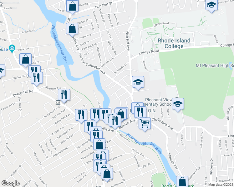 map of restaurants, bars, coffee shops, grocery stores, and more near 101 Herschel Street in Providence