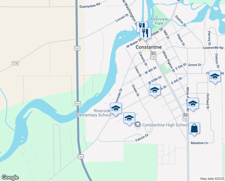 map of restaurants, bars, coffee shops, grocery stores, and more near 535 Riverside Drive in Constantine