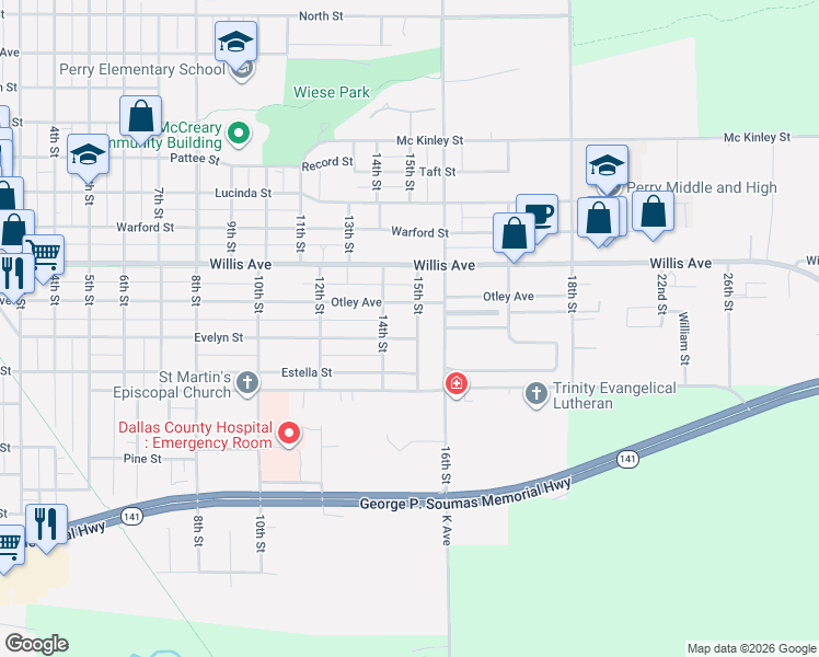 map of restaurants, bars, coffee shops, grocery stores, and more near 2406 Evelyn Street in Perry