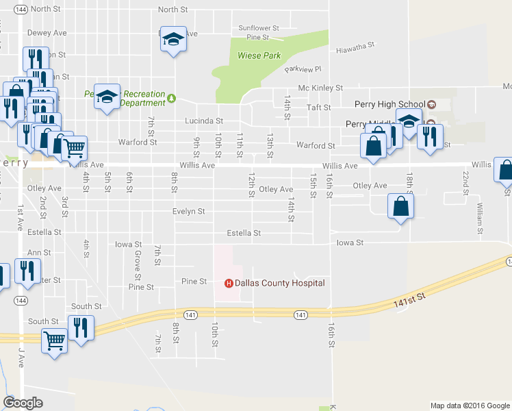 map of restaurants, bars, coffee shops, grocery stores, and more near 2202 Evelyn Street in Perry