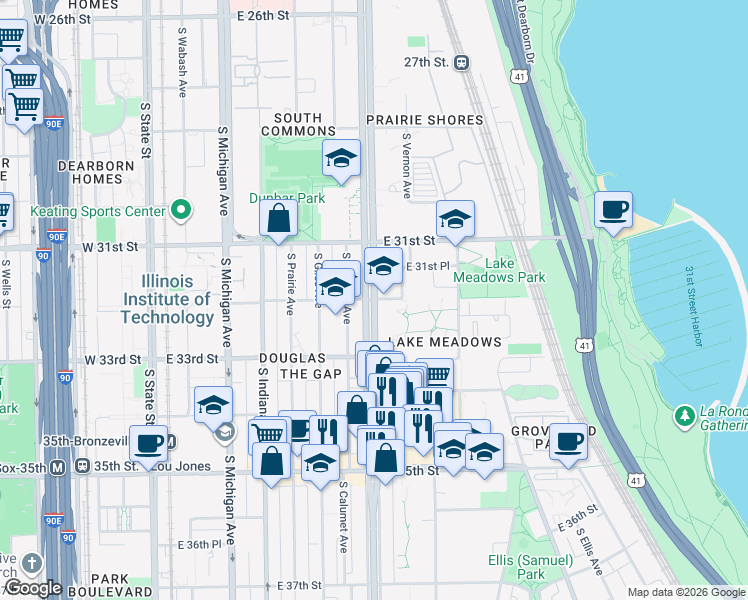 map of restaurants, bars, coffee shops, grocery stores, and more near S King Dr & E 32nd St in Chicago