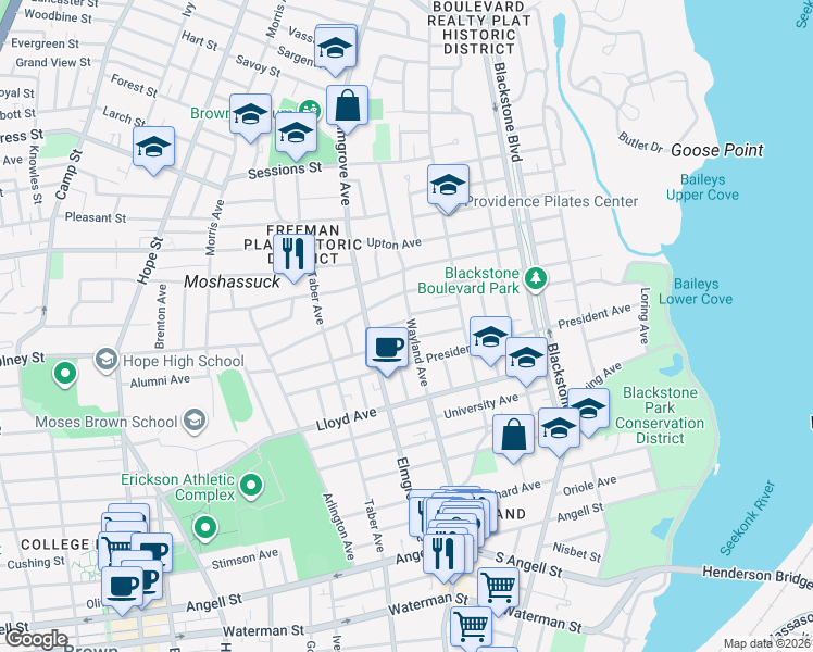 map of restaurants, bars, coffee shops, grocery stores, and more near 146 Everett Avenue in Providence