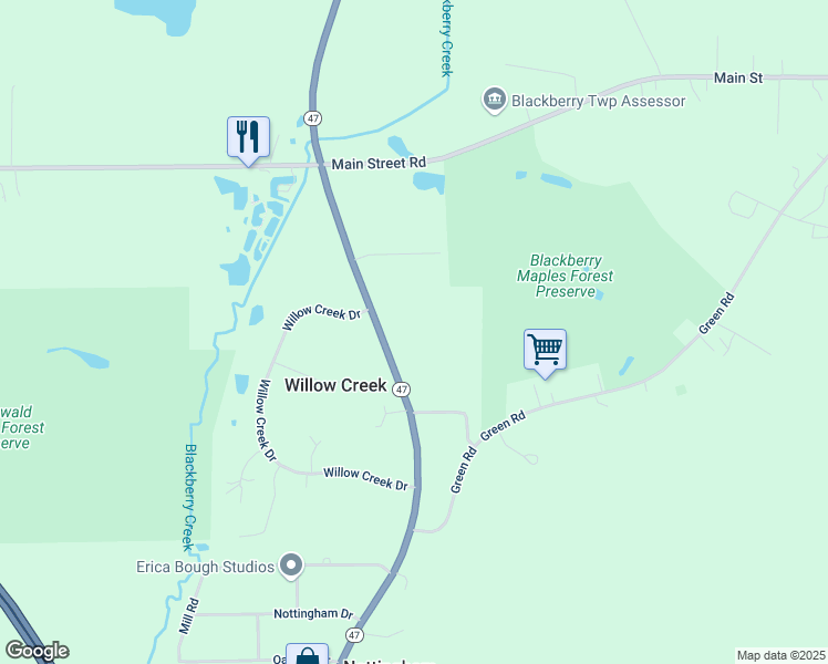 map of restaurants, bars, coffee shops, grocery stores, and more near 2S101 Route 47 in Sugar Grove