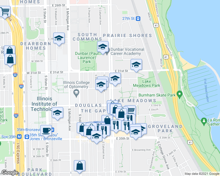 map of restaurants, bars, coffee shops, grocery stores, and more near S Dr Martin Luther King Jr Dr & E 32nd St in Chicago