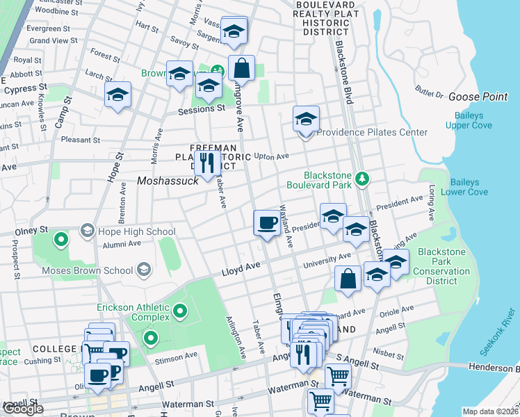 map of restaurants, bars, coffee shops, grocery stores, and more near 5 Doane Avenue in Providence