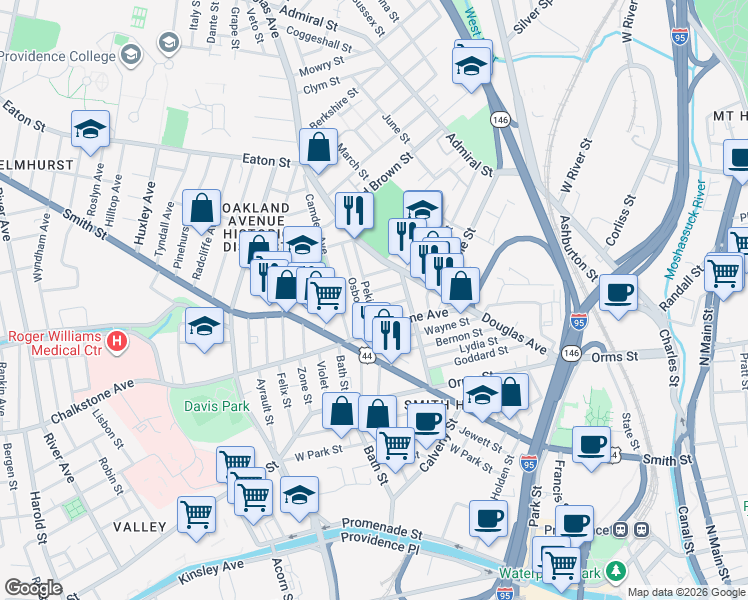 map of restaurants, bars, coffee shops, grocery stores, and more near 23 Alma Street in Providence
