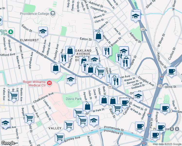 map of restaurants, bars, coffee shops, grocery stores, and more near 531 Smith Street in Providence