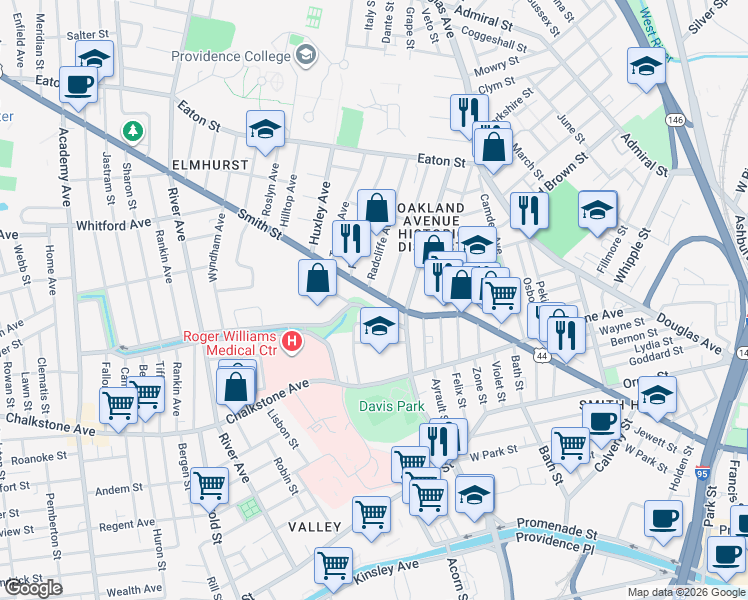 map of restaurants, bars, coffee shops, grocery stores, and more near 610 Smith Street in Providence