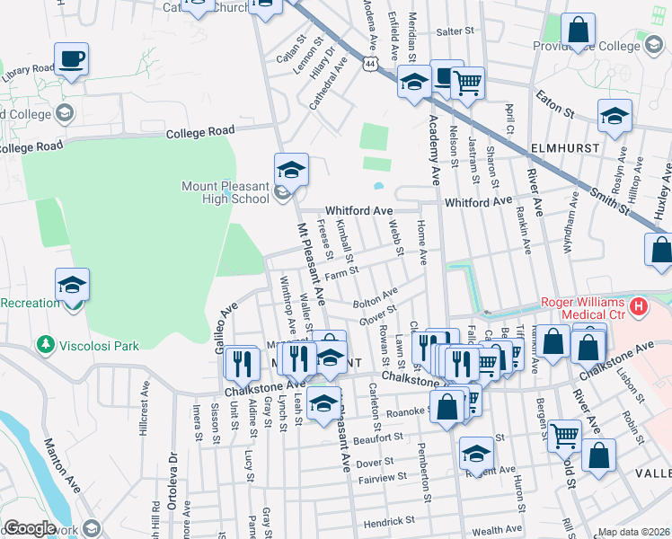 map of restaurants, bars, coffee shops, grocery stores, and more near 111 Farm Street in Providence