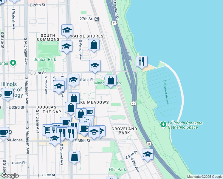 map of restaurants, bars, coffee shops, grocery stores, and more near 556 East 32nd Street in Chicago