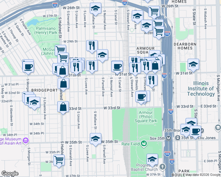 map of restaurants, bars, coffee shops, grocery stores, and more near 500 West 32nd Street in Chicago