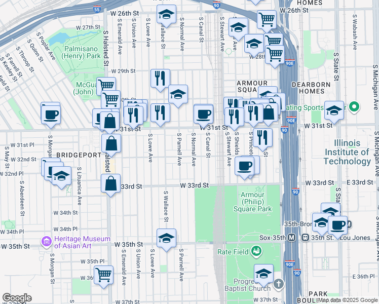 map of restaurants, bars, coffee shops, grocery stores, and more near 500 West 32nd Street in Chicago