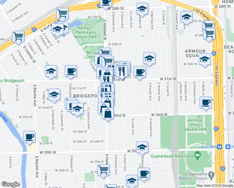 map of restaurants, bars, coffee shops, grocery stores, and more near 3151 South Emerald Avenue in Chicago