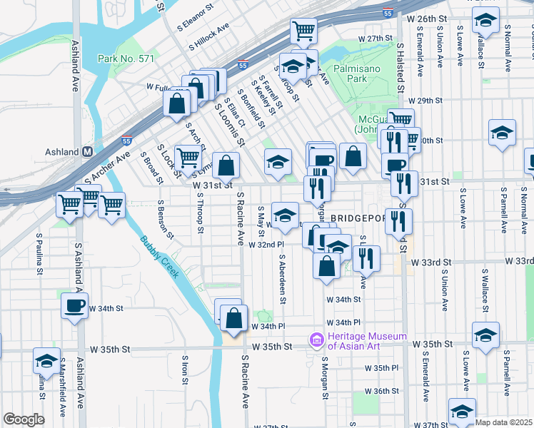 map of restaurants, bars, coffee shops, grocery stores, and more near 3148 South Aberdeen Street in Chicago