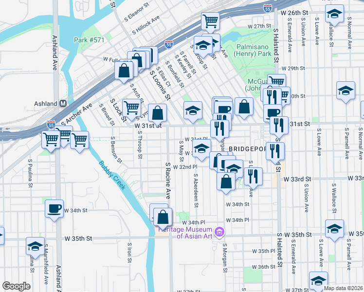 map of restaurants, bars, coffee shops, grocery stores, and more near 3148 South Aberdeen Street in Chicago