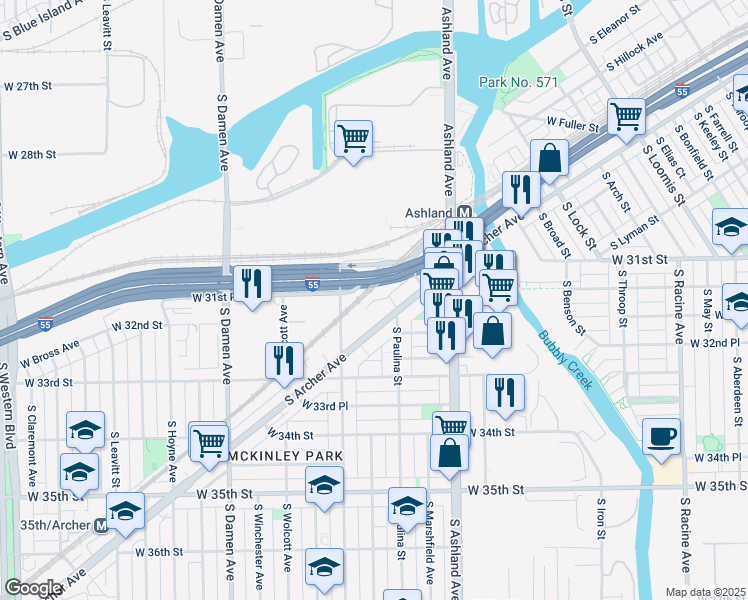 map of restaurants, bars, coffee shops, grocery stores, and more near 3176 South Archer Avenue in Chicago