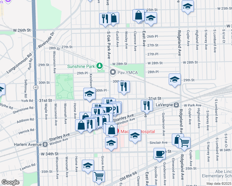 map of restaurants, bars, coffee shops, grocery stores, and more near 3036 Euclid Avenue in Berwyn
