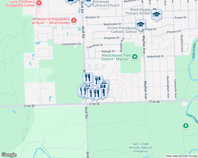 map of restaurants, bars, coffee shops, grocery stores, and more near 11120 Westminster Drive in Westchester