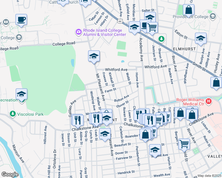 map of restaurants, bars, coffee shops, grocery stores, and more near 111 Farm Street in Providence