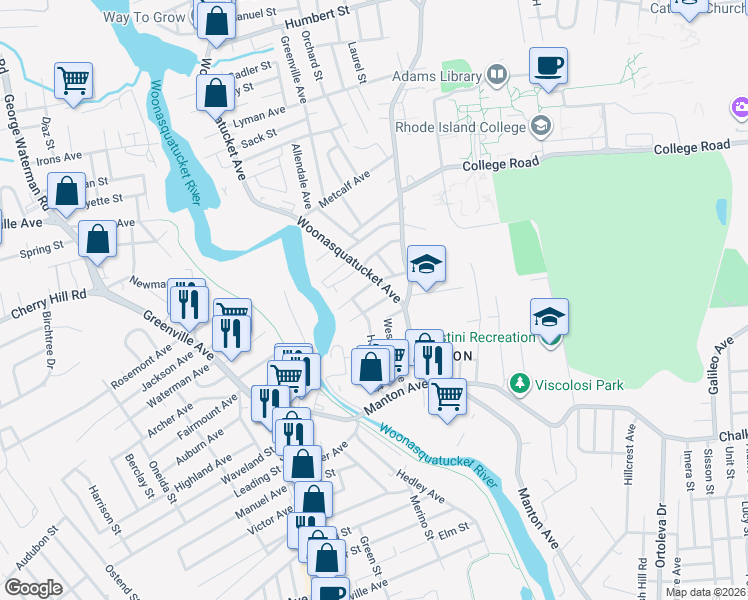 map of restaurants, bars, coffee shops, grocery stores, and more near 17 Klondike Street in Providence