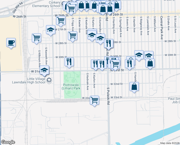 map of restaurants, bars, coffee shops, grocery stores, and more near 4117 West 31st Street in Chicago