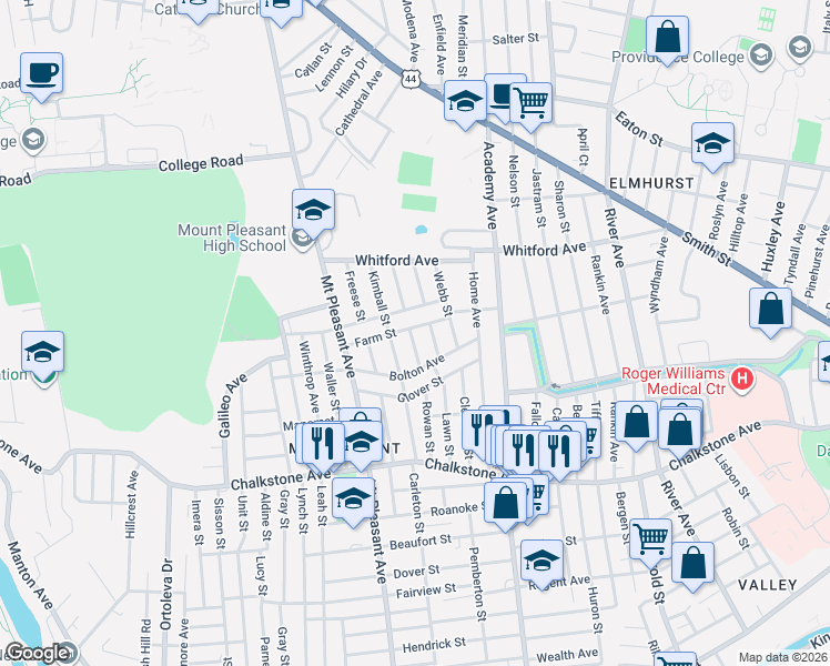 map of restaurants, bars, coffee shops, grocery stores, and more near 78 Farm Street in Providence