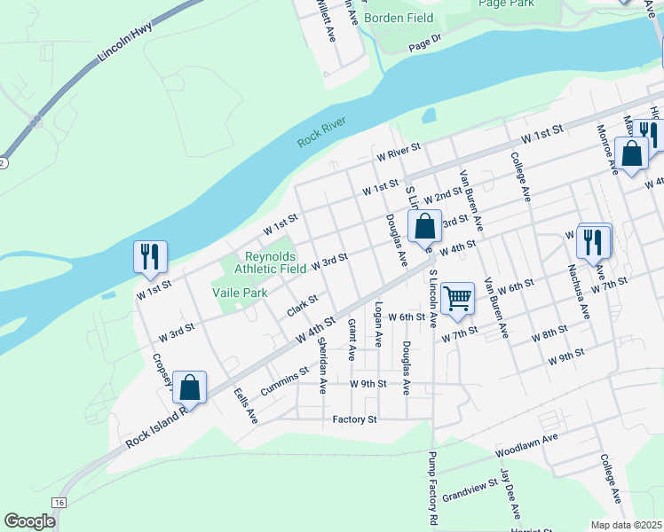 map of restaurants, bars, coffee shops, grocery stores, and more near 1714 West 3rd Street in Dixon