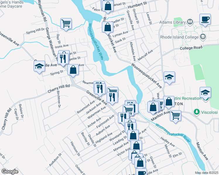 map of restaurants, bars, coffee shops, grocery stores, and more near 21 Springfield Avenue in Johnston