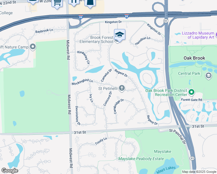 map of restaurants, bars, coffee shops, grocery stores, and more near 31 Concord Drive in Oak Brook