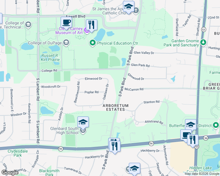 map of restaurants, bars, coffee shops, grocery stores, and more near 2S443 Oaklawn Drive in Glen Ellyn