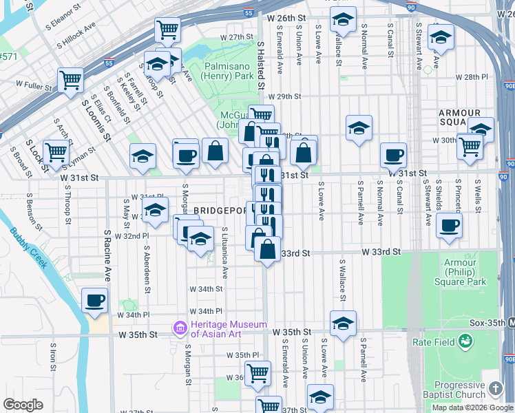map of restaurants, bars, coffee shops, grocery stores, and more near 3150 South Halsted Street in Chicago