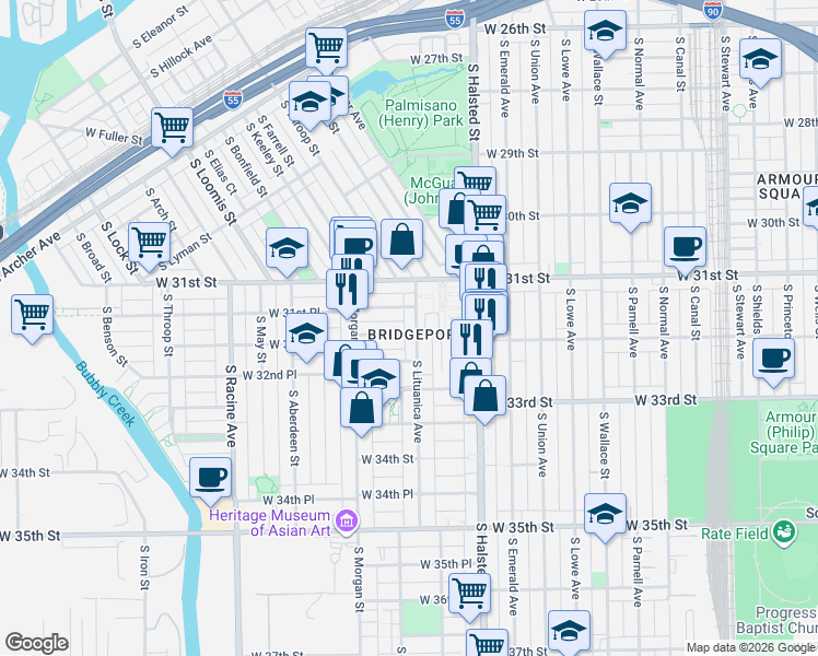 map of restaurants, bars, coffee shops, grocery stores, and more near 918 West 32nd Street in Chicago
